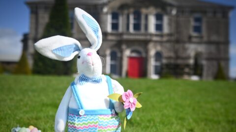 Charming stone hotel with red door and garden, featuring a playful toy bunny in colourful overalls holding a flower.