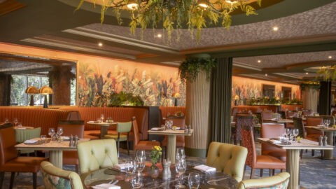 Luxurious dining area with elegant chandelier, plush seating, and vibrant decor offering a cosy, upscale experience.