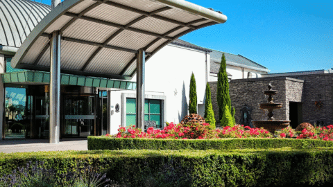 Elegant hotel entrance with modern glass doors, lush gardens, vibrant flowers, and a classic fountain under a clear blue sky.