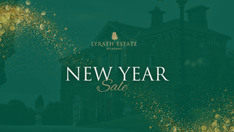 Dark green promotional graphic for Lyrath Estate Kilkenny’s New Year Sale, with gold sparkles and a faint image of a building in the background.