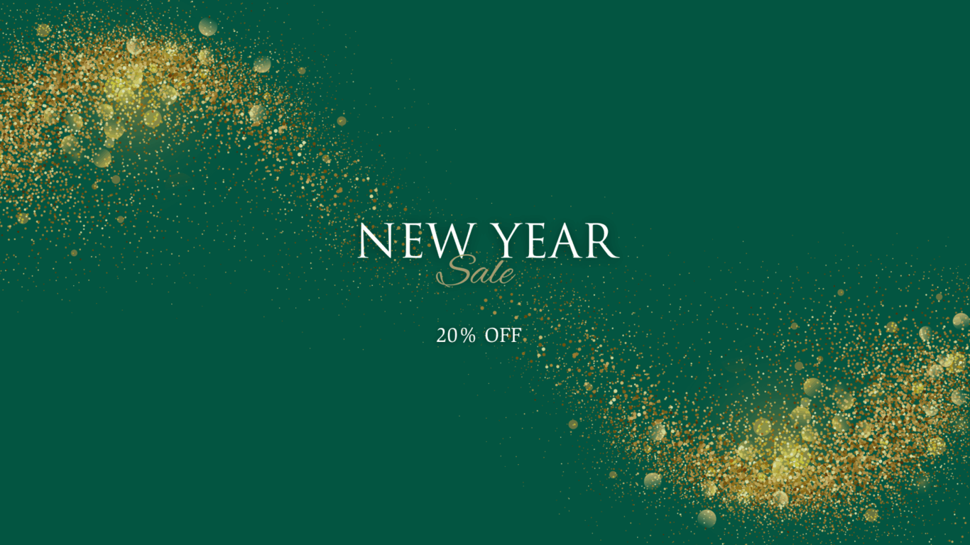 Green background with gold glitter swirls, text in center reads 