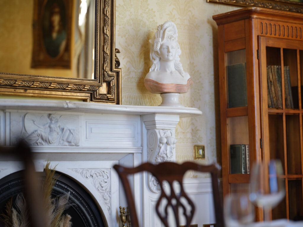 A marble bust sits on a mantel in an ornate room with patterned wallpaper, a large framed mirror, a wooden bookshelf, and dining chairs visible.