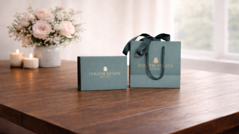 Elegant Lyrath Estate gift bags on a wooden table with candles and flowers, offering a luxurious Kilkenny hotel experience.