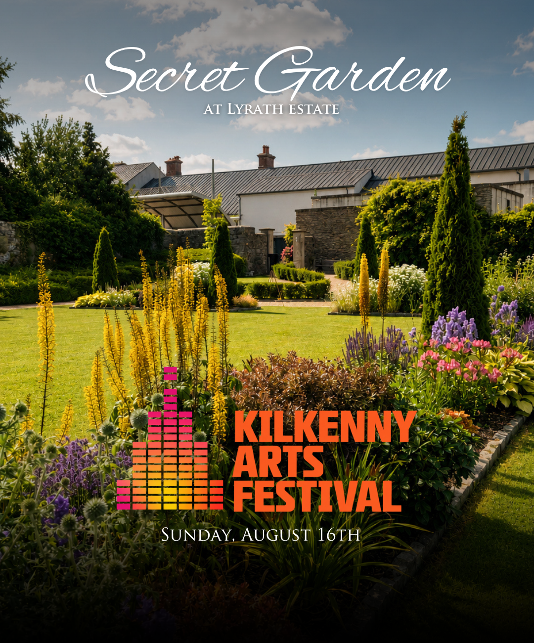 Lush gardens at Lyrath Estate, vibrant flowers, and scenic views make a perfect venue for Kilkenny Arts Festival.