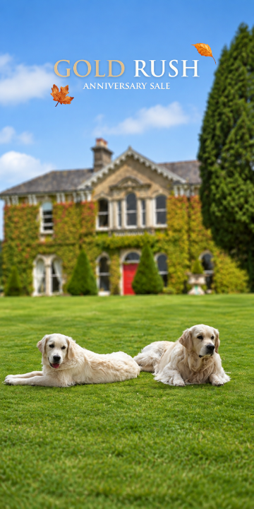 Elegant ivy-covered mansion with lush garden, friendly golden retrievers, promoting cozy countryside retreat.