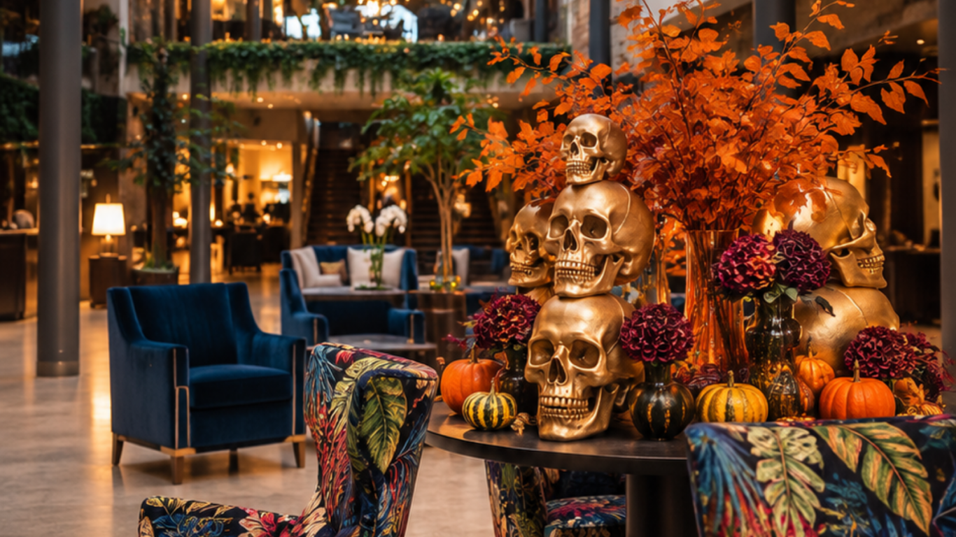 Elegant hotel lobby with lush decor, vibrant floral chairs, rich autumn hues, and a chic table display featuring gold skulls.