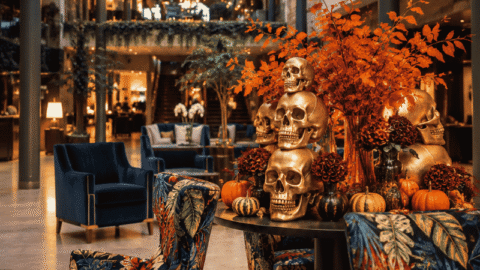 Welcoming hotel lobby adorned with autumn decor, featuring plush seating and golden skulls, creating a cosy, inviting atmosphere.